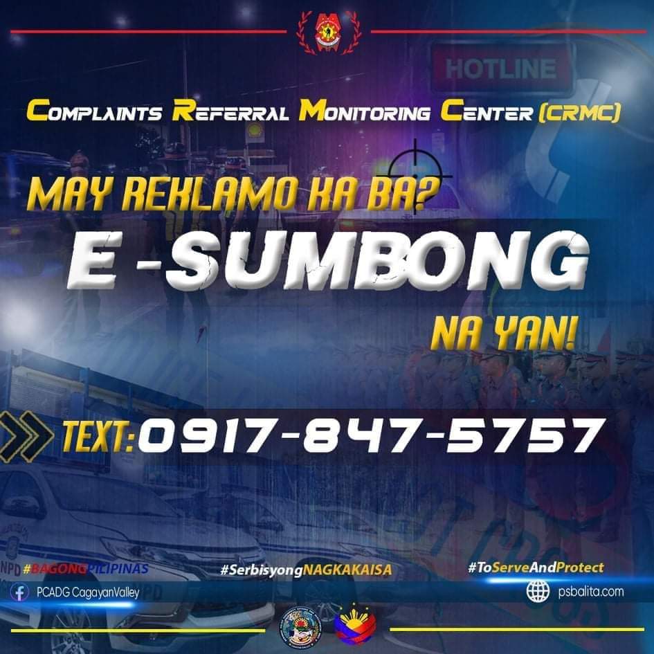 PCADG_2's tweet photo. May Reklamo kaba?
E-SUMBONG NA YAN!
Text: 09178475757

#ToServeAndProtect
#SerbisyongNagkakaisa
#BagongPilipinas
#PCADGCagayanValley https://t.co/u3swKZkZTh