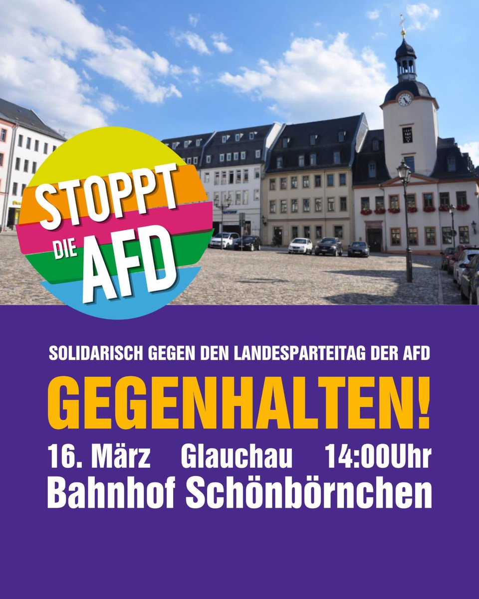 MichaBergerGC's tweet photo. Nächste Woche führt die #noafd ihren Landesparteitag und ihre Listenaufstellung in #glauchau durch. Leider ist die Situation vor Ort schwierig,reale Gefahren durch die "AfD" werden verkannt, selbst die Kirche lässt sich schwer einbinden. Umso wichtiger ist euer Support. #zwickau https://t.co/Q6RvJLLWnW
