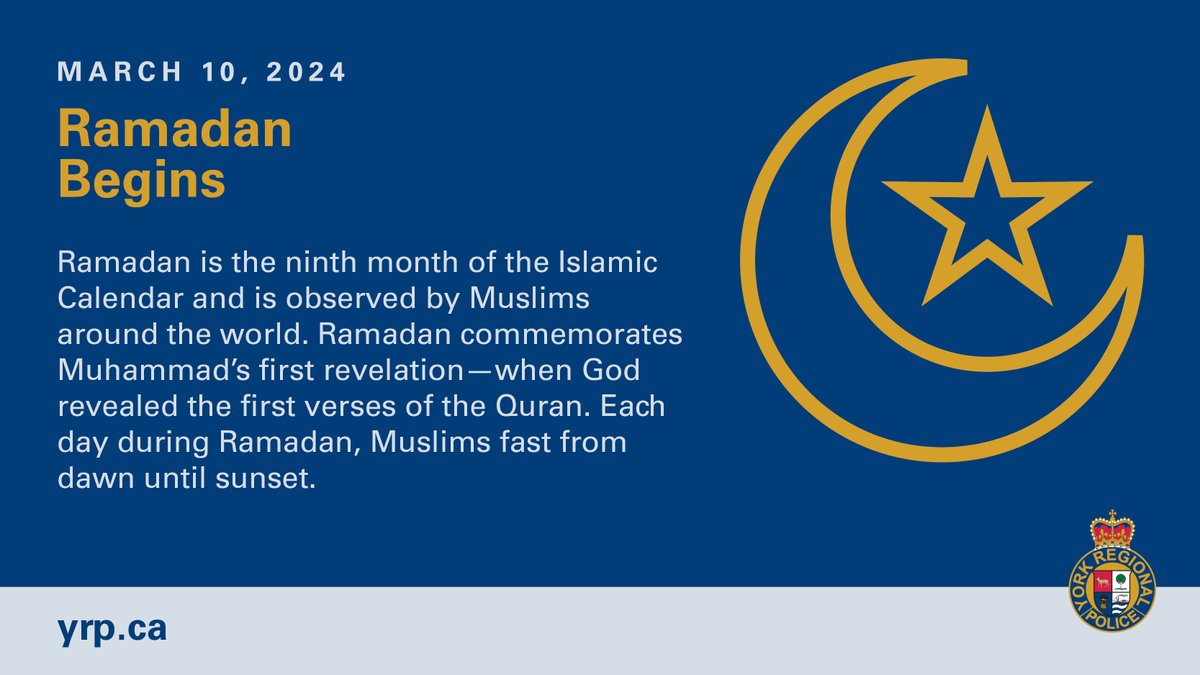 To our community members who will begin observing the holy month of #Ramadan this evening, I wish you many blessings and peace on behalf of all of us at @YRP.☪️ 
 
#RamadanMubarak #RamadanKareem #YRP #YorkRegionalPolice #YorkRegion #DeedsSpeak