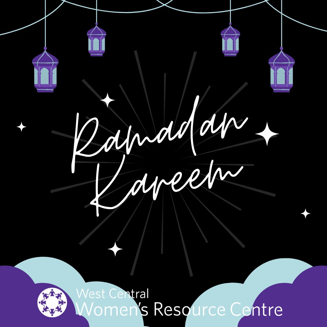 WCWRC wishes everyone a blessed and bountiful Ramadan, from us to you. (ID: White writing on a black background says 'Ramadan Kareem.' On top of the image are strung four purple lanterns, and the bottom of the image is framed with the WCWRC logo and blue and purple clouds. )