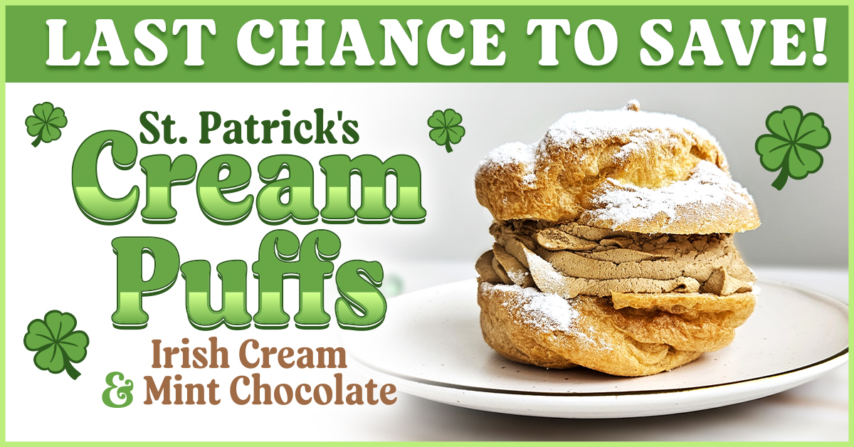 Don't miss out on these lucky savings for your St. Patrick's Cream Puffs! Hurry, the sale ends TONIGHT at 11:59pm! ORDER NOW: bit.ly/44It5ob