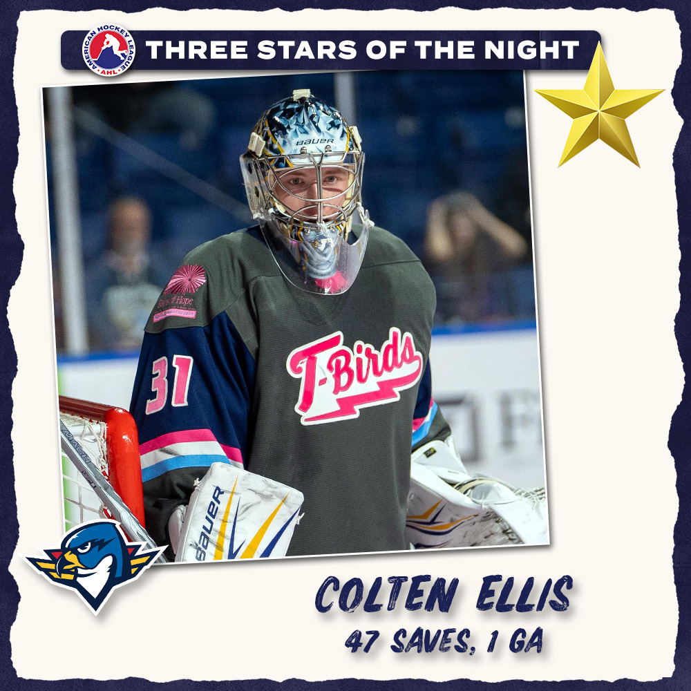 TheAHL's tweet image. Saturday’s AHL Three Stars of the Night ⤵️

⭐️ Colten Ellis @ThunderbirdsAHL 
⭐️⭐️ Brandon Gignac @RocketLaval
⭐️⭐️⭐️ Marian Studenic @Firebirds