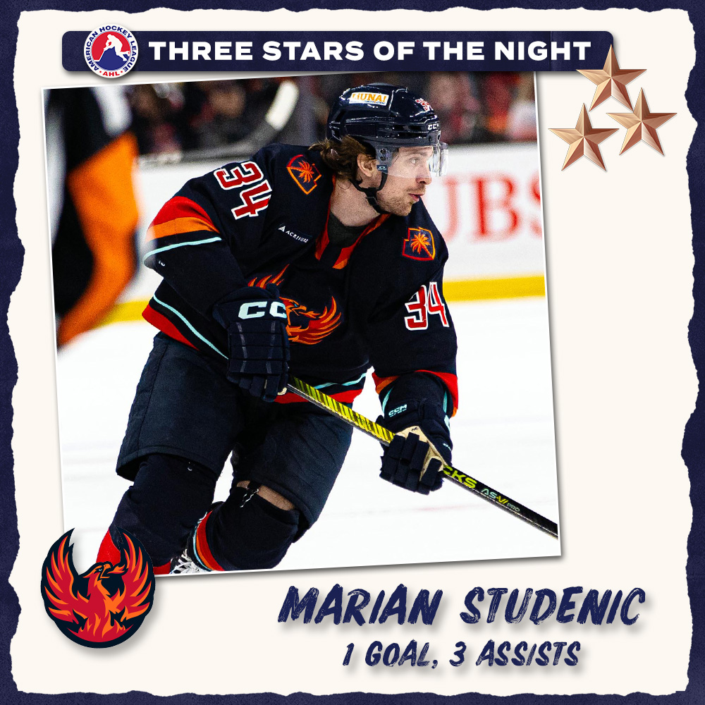 TheAHL's tweet image. Saturday’s AHL Three Stars of the Night ⤵️

⭐️ Colten Ellis @ThunderbirdsAHL 
⭐️⭐️ Brandon Gignac @RocketLaval
⭐️⭐️⭐️ Marian Studenic @Firebirds