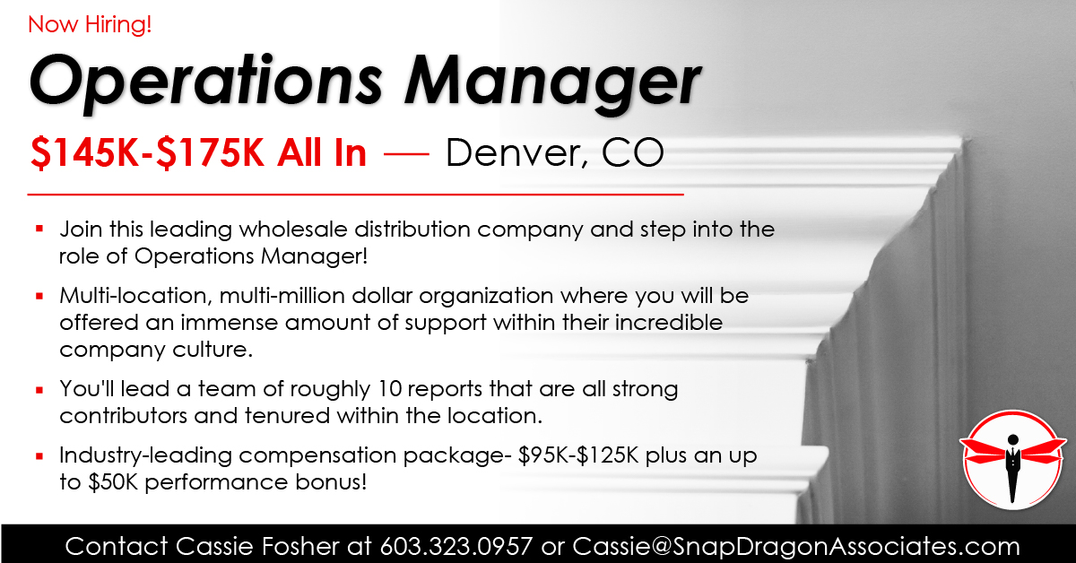 We’re looking for an Operations Manager at a leading two-step Distributor in the Denver, CO market!

Apply here ow.ly/gtFp50QHYOq or reach out to Cassie Fosher today!
.
.
.
#SnapDragonJobs #buildingmaterials #COjobs #ColoradoJobs #DenverJobs #OperationsManager