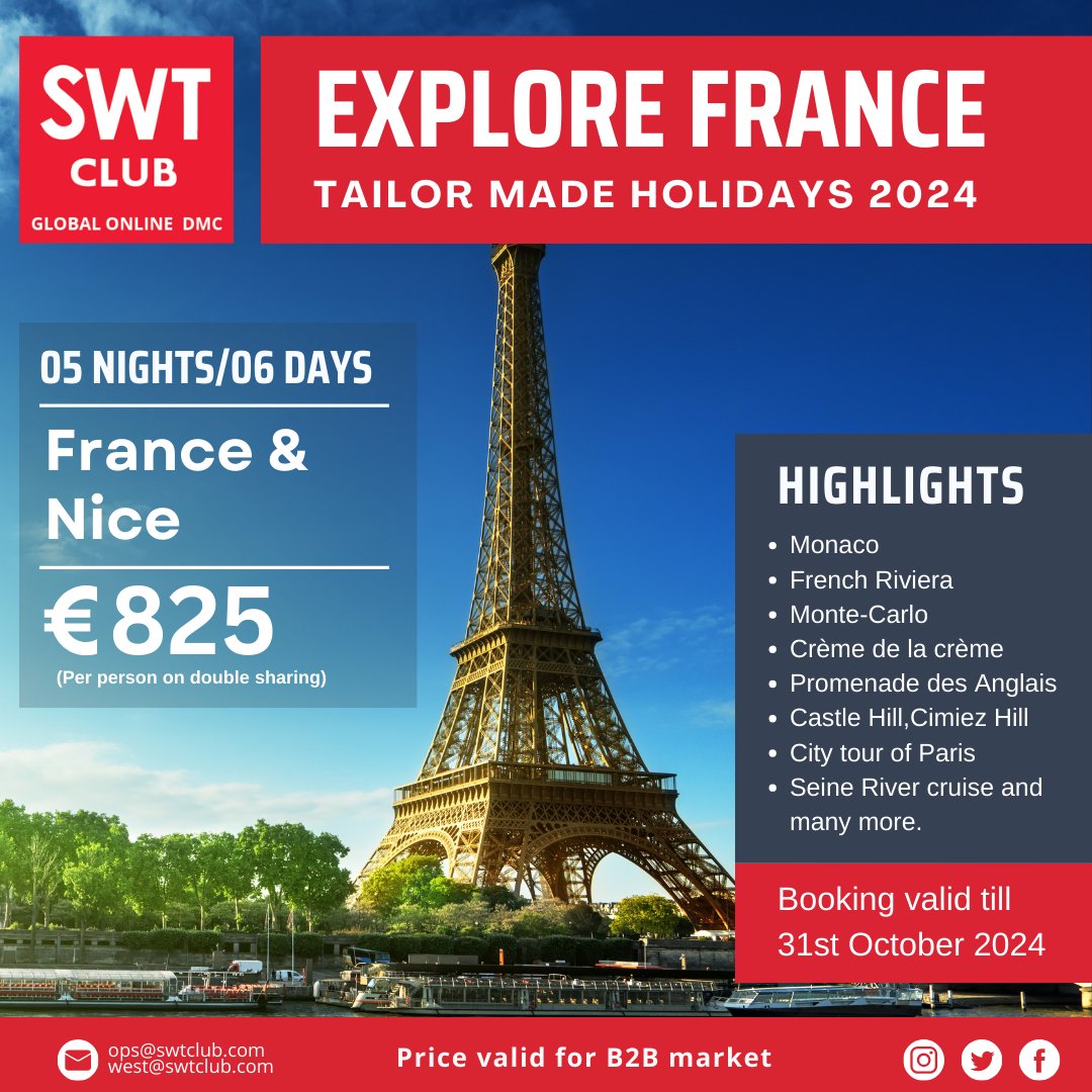 Experience the romance, culture, and culinary delights of France with SWTClub. From charming cobblestone streets to iconic landmarks. ✈️ 

 #TravelFrance #ExploreFrance #FrenchAdventure #FranceVacation #FrenchExperience #FranceTravel #FranceTrip #FrenchDiscovery #SWTClub