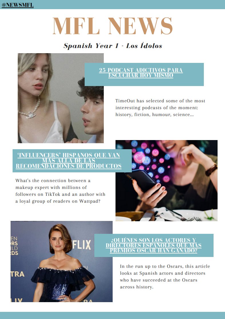NewsMfl's tweet photo. It's here! 🇪🇸🇫🇷 This week’s newsletter on themes like cultural heritage, politics, and celebrities 😊Please share and enjoy!

Access here: https://t.co/mVJ0YgnAqZ 

#mfltwitterati #mflnews #mflchat #langtwt https://t.co/obkXbPg2GL