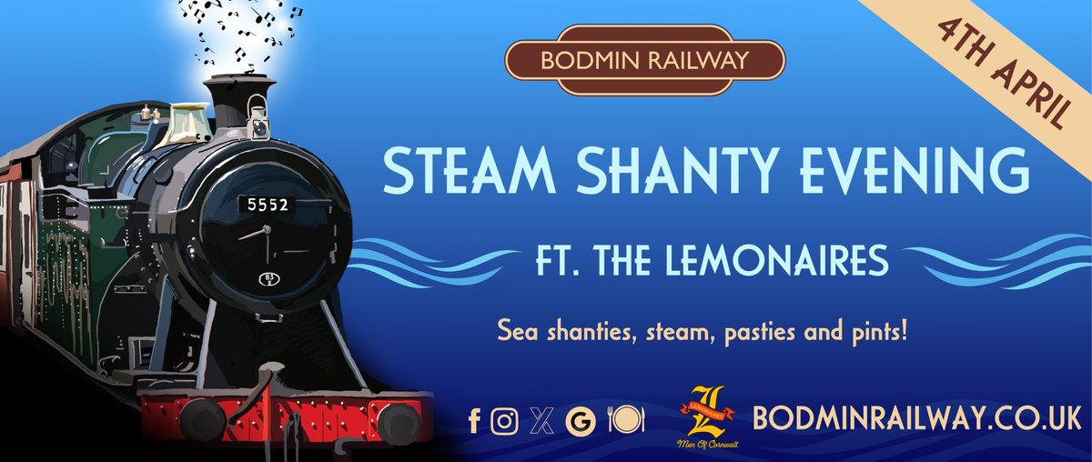 STEAM SHANTY EVENING - APRIL 4TH Join us for sea shanties, steam, pasties and pints. The Lemonaires (from Falmouth) are back again. Including a return single line trip to Boscarne Junction. Book tickets now: bodminrailway.digitickets.co.uk/event-tickets/…