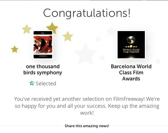 *Birdy Newsflash* - 'one thousand birds symphony' selected in the 'best original score' category at the Barcelona World class Film Awards... The birds continue their circumnavigation of the globe! hungersleeprecords.bandcamp.com/album/one-thou…