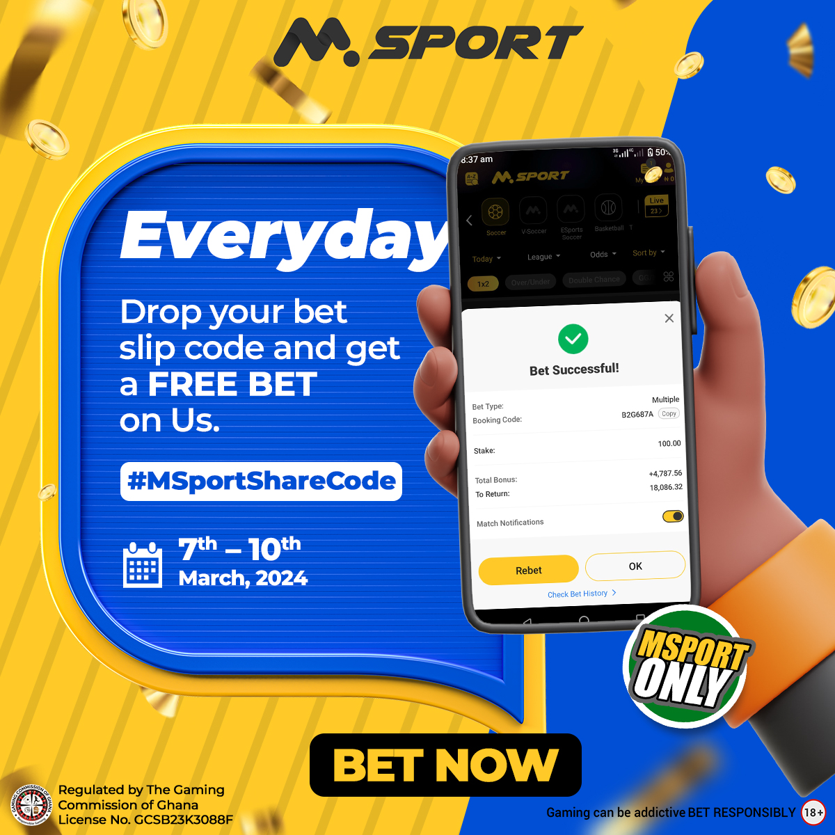 MSportGhana's tweet photo. 🔥 Chale, time to scatter bet! If you be MSport customer and you dey scatter bet slip like no tomorrow, this be your time to shine!

🚀 Drop that bet slip code screenshot, add your MSport account number, tag us @MSportGhana, and vibe with the #MSportShareCode. Free bet dey come your way!

📸 Make sure you share am either under this tweet or on your timeline. We dey watch, we dey see every move. 🕵️‍♂️

🚨 No dulling, only one code per day. From Thursday 7th March –  today Sunday 10th March 2024, make we scatter ground!

Example: 
@MSportGhana
[Your MSport Bet Slip Code]
023****56
#MSportShareCode
#BetNowOnMSport

🌐 If you never join MSport, enter the action now. Click here: 👉 https://t.co/oL1ST2IJne, enjoy up to ₵3,000 in welcome bonuses on your first deposit. No carry last, e be vibes!

#MSportShareCode
#BetNowOnMSport
#MSportAfrica

🚀 Chale, e sure me say na final day for this #MSportShareCode Campaign! All free bets wey you drop, we go fling am your way tomorrow Monday. No miss this groove, abeg!

Oya, sharpaly drop your bets, tag us, and make we run am together. No carry last for this awoof! 💰💨