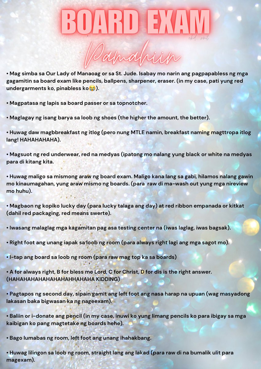 loveuuuni's tweet photo. ‼️BOARD EXAM PAMAHIIN‼️

Wala namang masama kung susundin, pero hindi ibig sabihin na sinunod mo lahat ng to e papasa kana kahit di mag-aral, MAG-ARAL at MAG-DASAL parin ✨

GOODLUCK EVERYONE! ✨
LISENSYADO NGAYONG 2024 ✨ https://t.co/Adv1wWMClv