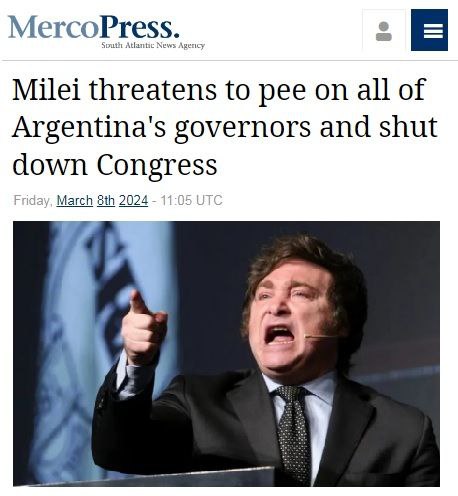 Sprinter99800's tweet photo. The Argentine President threatened to piss on regional governors and disperse Congress.

Javier Miley shared his plans during a visit to the agricultural fair in San Nicolas de los Aroyos, saying that he wanted to piss on the regionals who oppose liberal reforms in the country.… https://t.co/qn7uwF1rr7