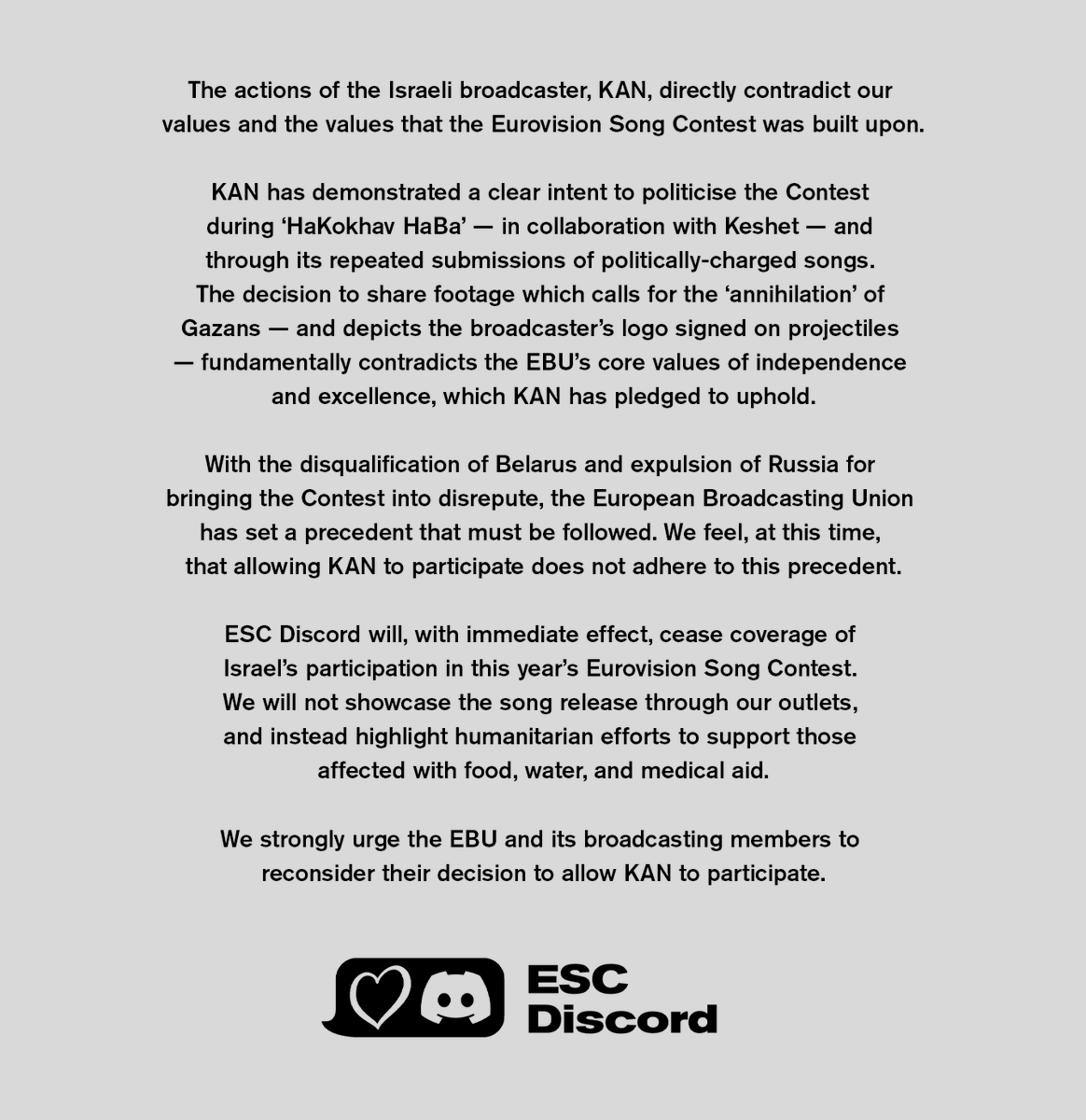 ESCdiscord's tweet photo. ESC Discord Statement on Israel in #Eurovision 2024 https://t.co/amIUjhtCCv