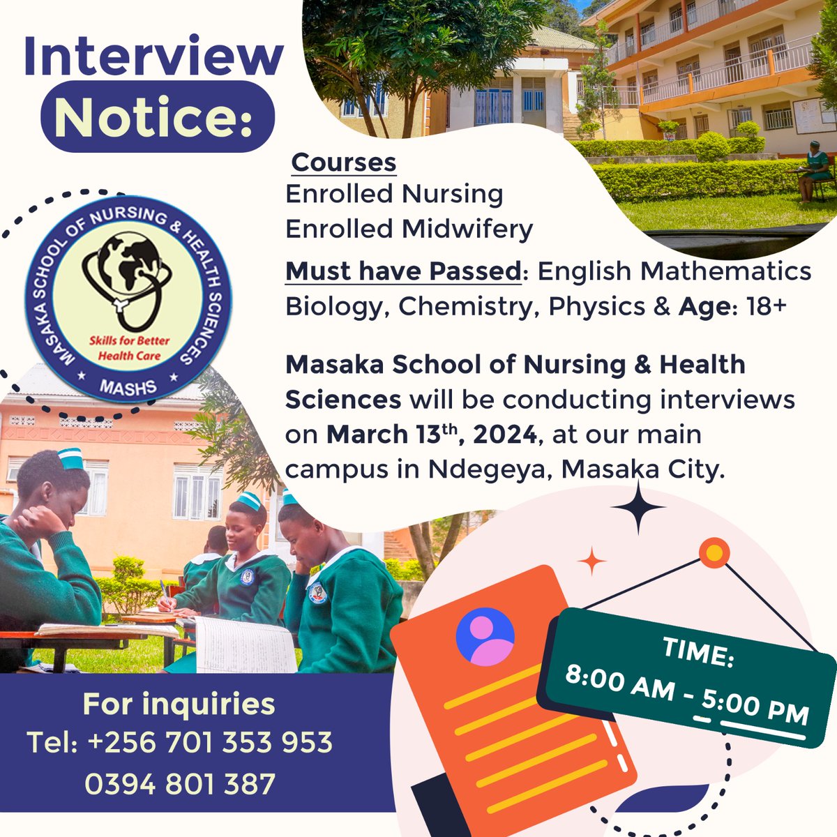 Mashsciences's tweet photo. .@Mashsciences will be conducting interviews on March 13, 2024, at their campus in Ndegeya, Masaka City. 
Courses: 
1. Enrolled Nursing
2. Enrolled Midwifery. 
Qualifications: English, Mathematics, Biology, Chemistry Physics
Aged 18+. 
#SkillsForBetterHealthCare
#Mashsciences 🩺 https://t.co/e7ejOLoKpP