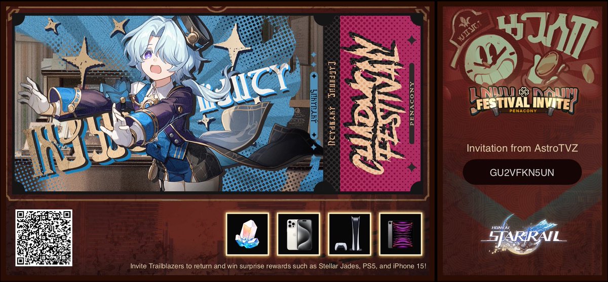 astrotvz's tweet photo. Invite Trailblazers to return and win surprise rewards such as Stellar Jades, PS5, and iPhone 15! https://t.co/lJTcha1tQS