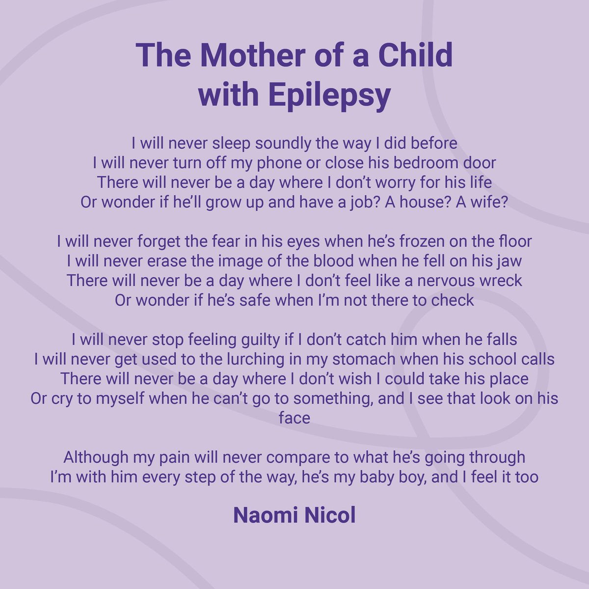 epilepsysociety's tweet photo. #MothersDay is an opportunity for us to recognise the vital role mums play when a child has epilepsy. In this poem, Naomi describes the anxiety and uncertainty of looking after her son who has epilepsy.

She hopes it helps other mothers in #TeamPurple feel understood. 💜 https://t.co/82yzOEuueo