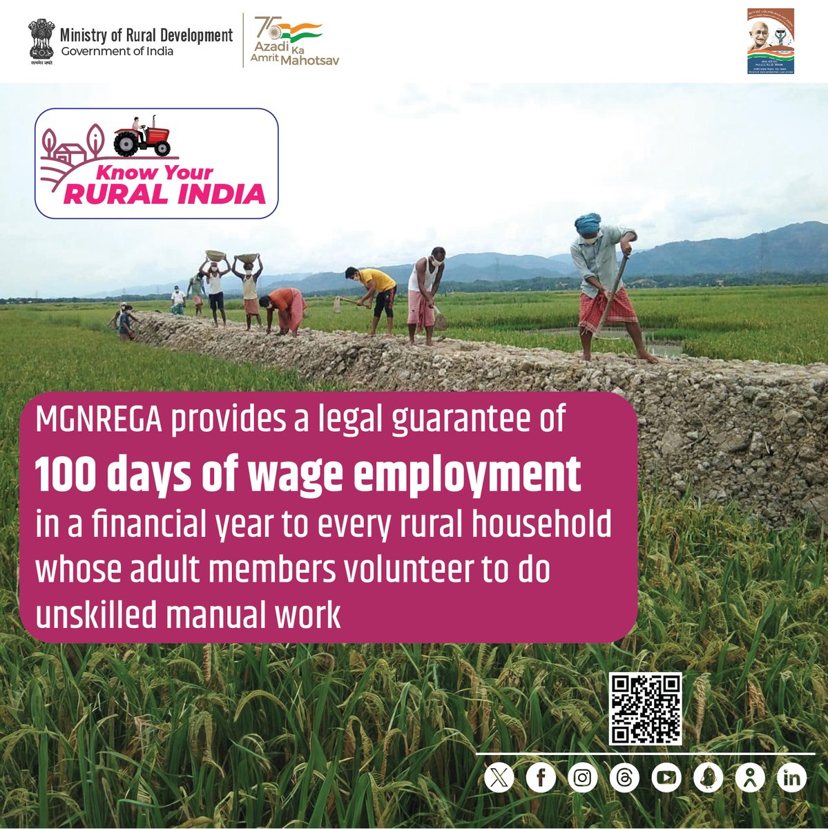 #MGNREGA enhances the livelihood security of the rural poor through generation of wage employment opportunities in works leading to the creation of durable assets.

#KnowYourRuralIndia #RuralEmployment #MoRD #MahatmaGandhiNREGA #ViksitBharatSankalpYatra #HamaraSankalpViksitBharat