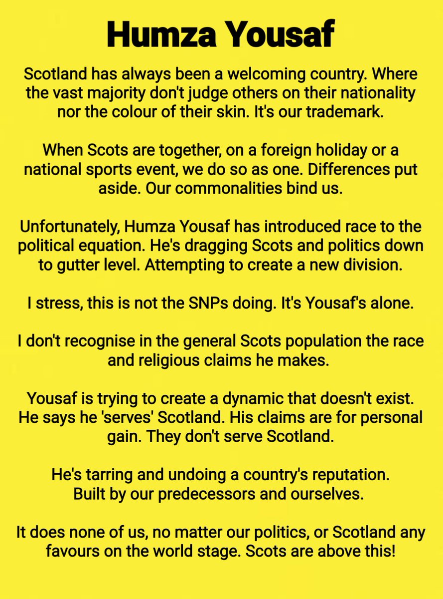 @WingsScotland HUMZA YOUSAF If he truly led and loved Scotland as he claims, he wouldn't try to create a new division by playing his race card and with it unjustifiably undo a reputation built over many years. RETWEET IF YOU AGREE! @theSNP