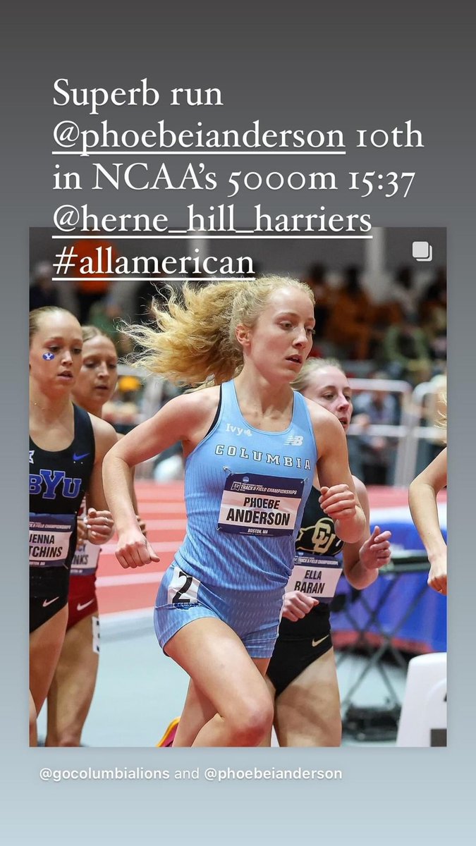 Superb 10th place in the NCAA’s women’s 5000m in Boston for Phoebe Anderson of Columbia & @hrnhillharriers with 15:37.21