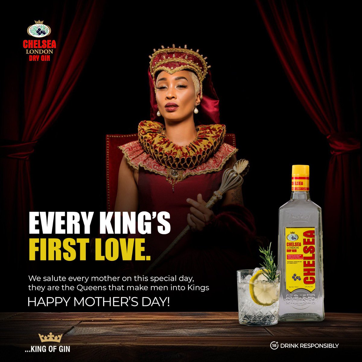 ChelseaDryGin's tweet photo. Men are born, but Kings are made. To the Queens that make ordinary men into Kings, we salute you. Happy Mother’s Day!
#ChelseaDryGin #KingOfGin #MothersDay https://t.co/wc5xbr7d44