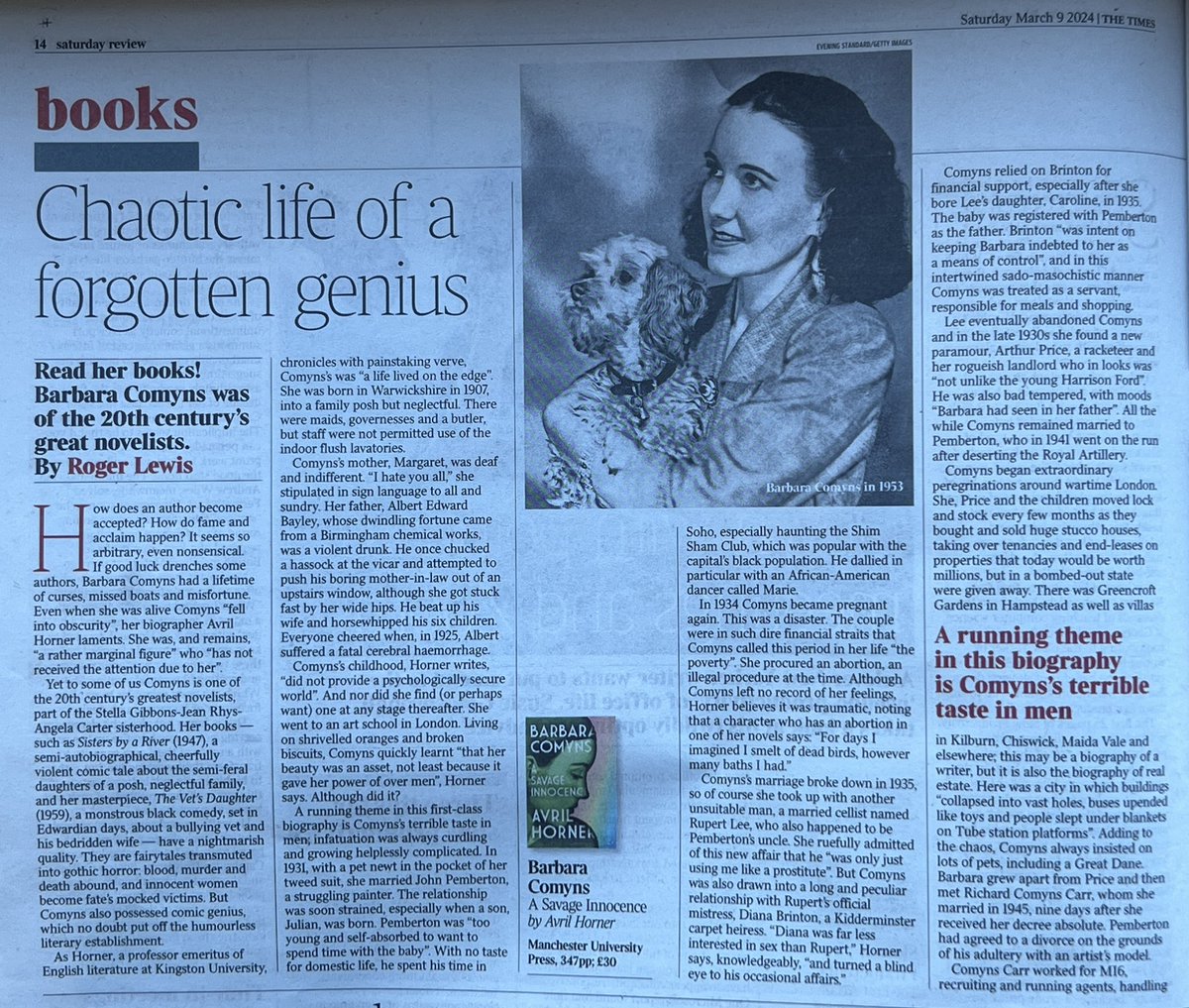 Loz_Horner's tweet photo. Ridiculously proud of my Mum @avrilhorner1 who is publishing a biography of the great but overlooked author Barbara Comyns, reviewed very positively in yesterday’s Times! https://t.co/XRagbYWC4F