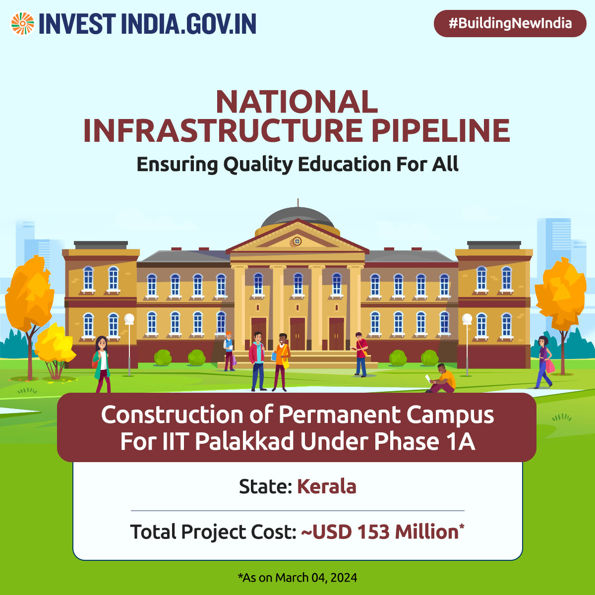 Under #NIP, this project aims to construct academic, hostel, and residential buildings alongside external development bulk services for 1200 students of IIT Palakkad in Phase 1A.

Know more: bit.ly/page_NIP

#BuildingNewIndia #NationalInfrastructurePipeline #InvestInIndia