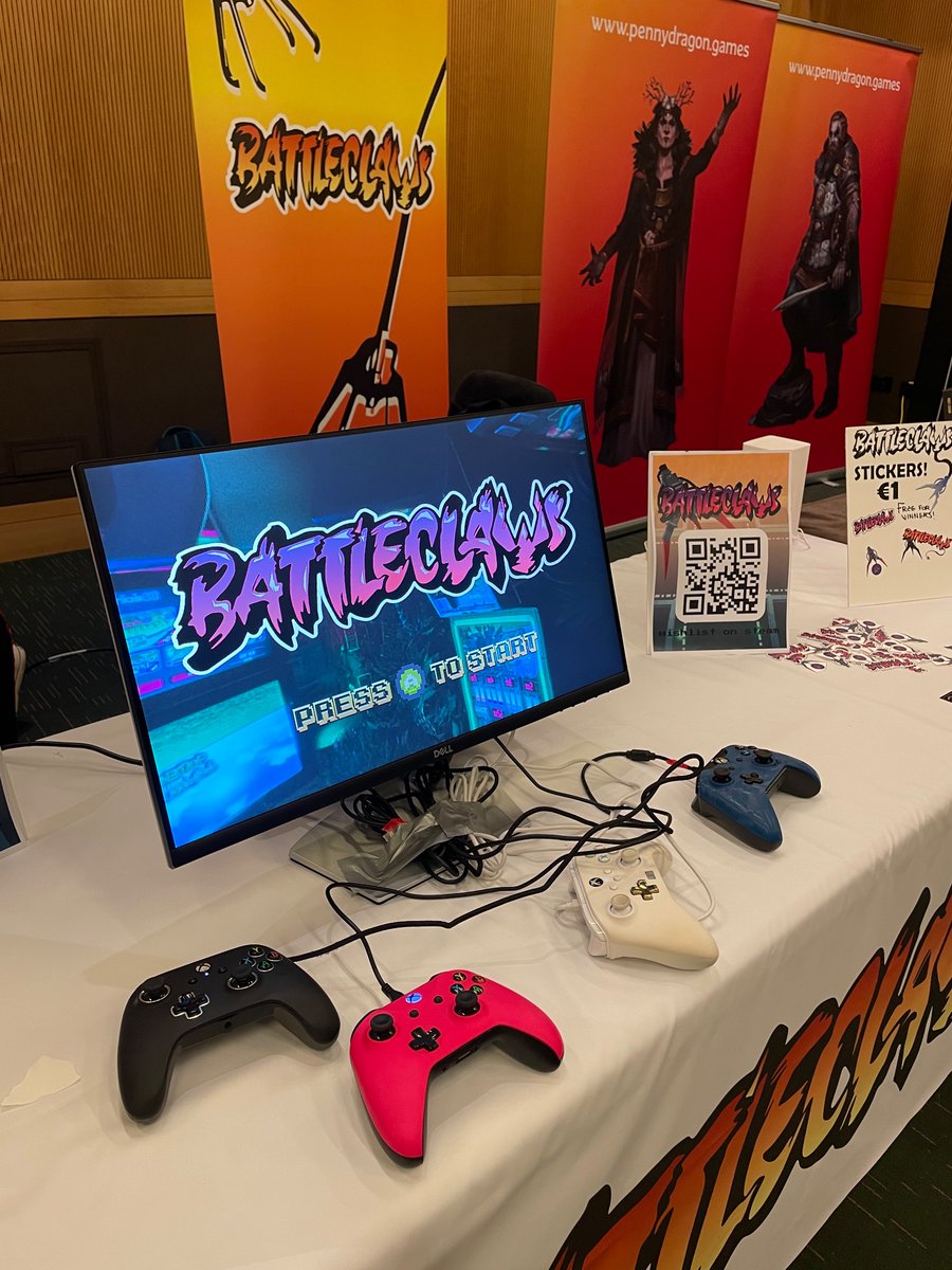 DameGev's tweet photo. If you’re at @DublinComicCon today come by and play @BattleClawsGame and grab one of our stickers before they’re all gone!  

#battleClaws #DublinComicCon, #gamedev #indiedev https://t.co/5LO2gNZrs9