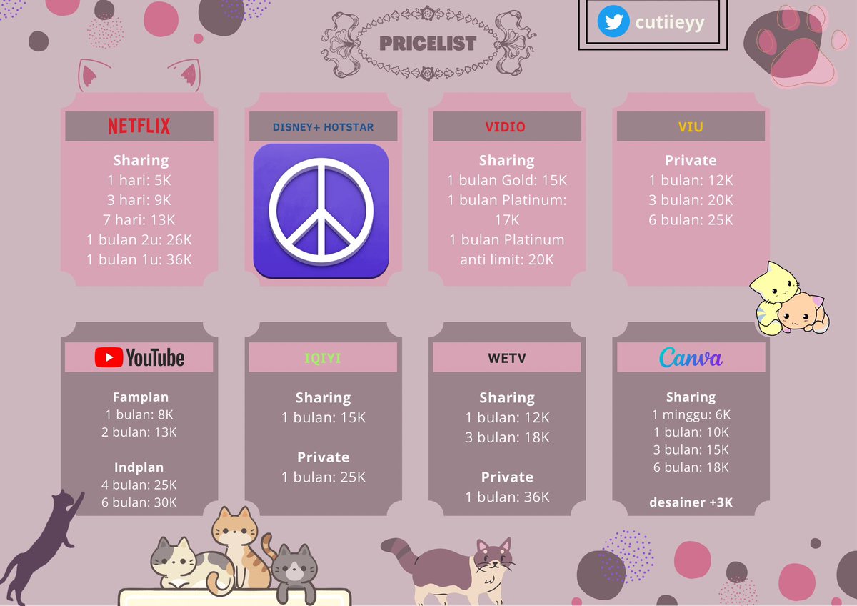 cutiieyy's tweet photo. (๑˃̵ᴗ˂̵) hai haiii~ ada yang lagi nyari apps premium? di aku ada nih!😻 ayo yang mau jajan apps prem atau mau liat-liat dulu bisa cek price list aku ini yaa🤗💗

#zonauang #zonajajan 

t. netflix viu canva wetv vidio youtube iqiyi https://t.co/MmHP95GfQF