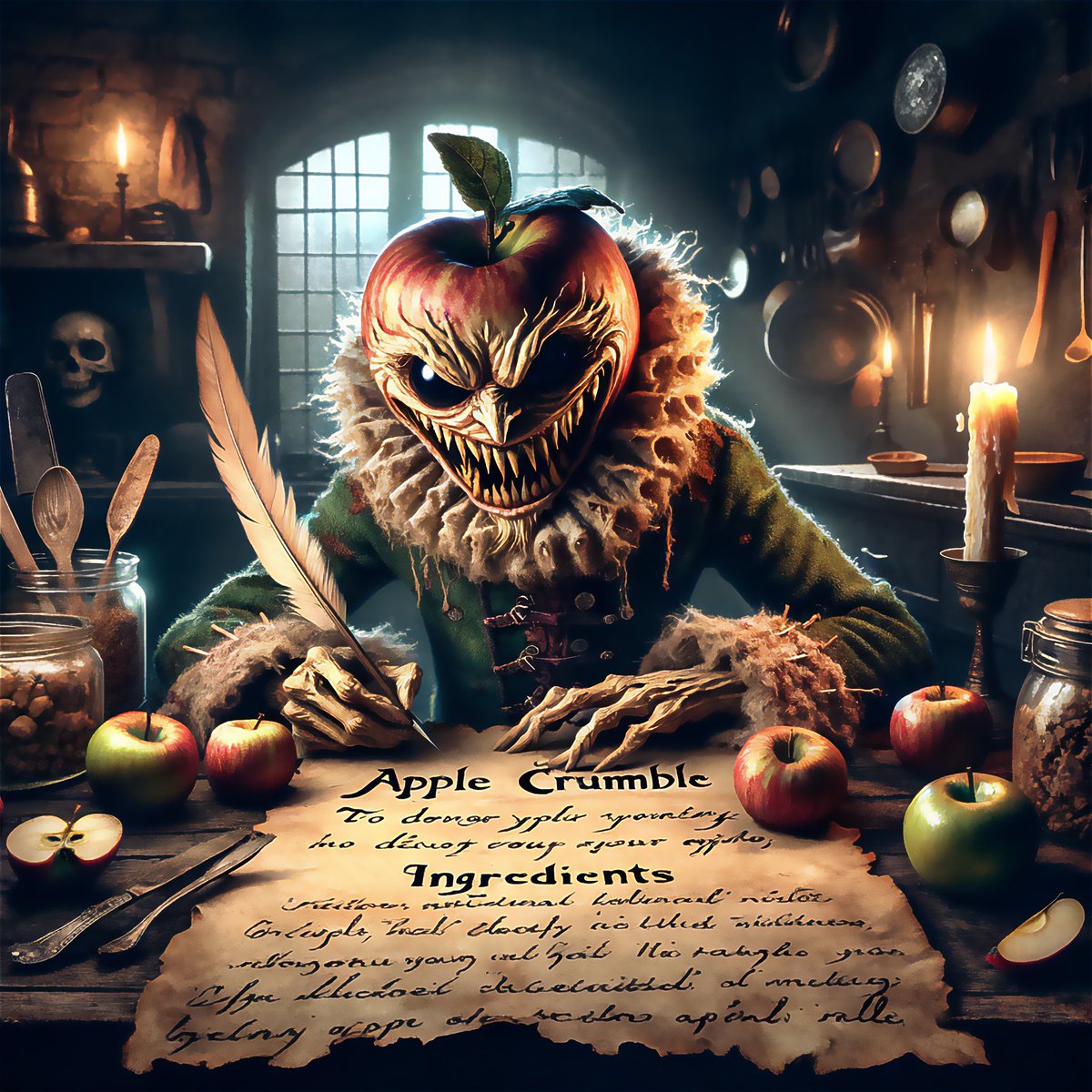 thierrydd's tweet photo. In the eerie glow of the moon, where shadows whisper secrets, Granny Snitch conjures a dessert of dread. One bite of his cursed Apple Crumble will ensnare your soul in endless night. 🍏🔪 https://t.co/sBkisB9vhJ