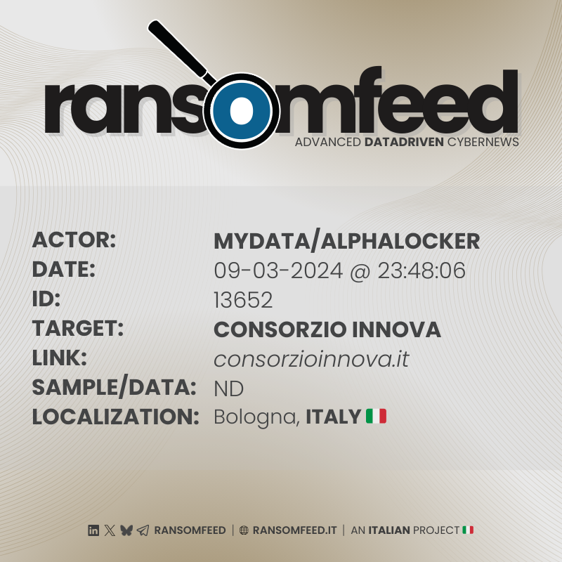 ransomfeednews's tweet image. 𝗔𝗰𝘁𝗼𝗿: #MyData / alphalocker
𝗩𝗶𝗰𝘁𝗶𝗺: Consorzio Innova | consorzioinnova.it
𝗖𝗼𝘂𝗻𝘁𝗿𝘆: Italy 🇮🇹
𝗦𝗮𝗺𝗽𝗹𝗲: ND

🔗 ransomfeed.it/index.php?page…

#ransomfeed #ransomware #security #infosec