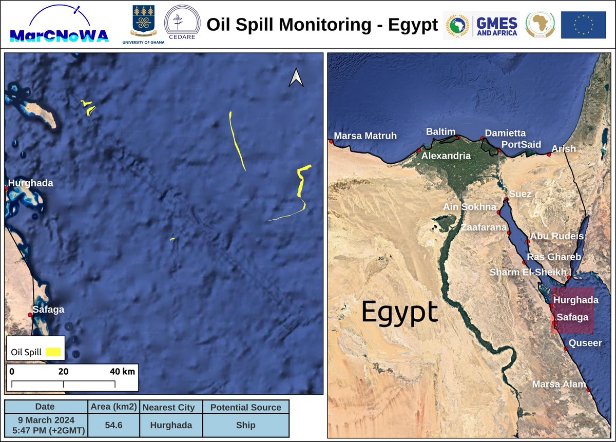 On 29 March 2024 #oil-spills were observed on The Red Sea, near Hurghada, Egypt covering an area nearly 55 Km2. The potential source of this is a Ship. This service is provided by #MarCNoWA project under the #GMESAfrica program.