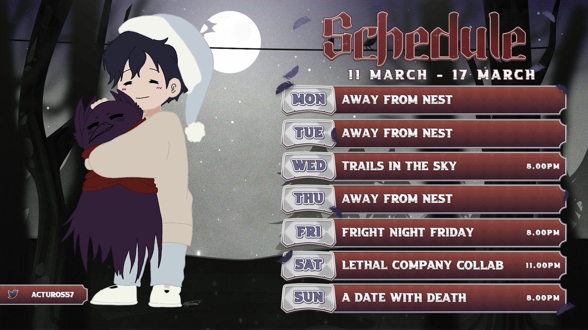 acturos57's tweet photo. 🐦⬛Stream schedule March 11th-March 17th
🐦⬛#acturos
🎨#actuart
🎬#Flockmoments
we have another amazing week this week we are even playing with some friends!!!
Art by @MaJho79726993 https://t.co/vlRi6Iq4S4