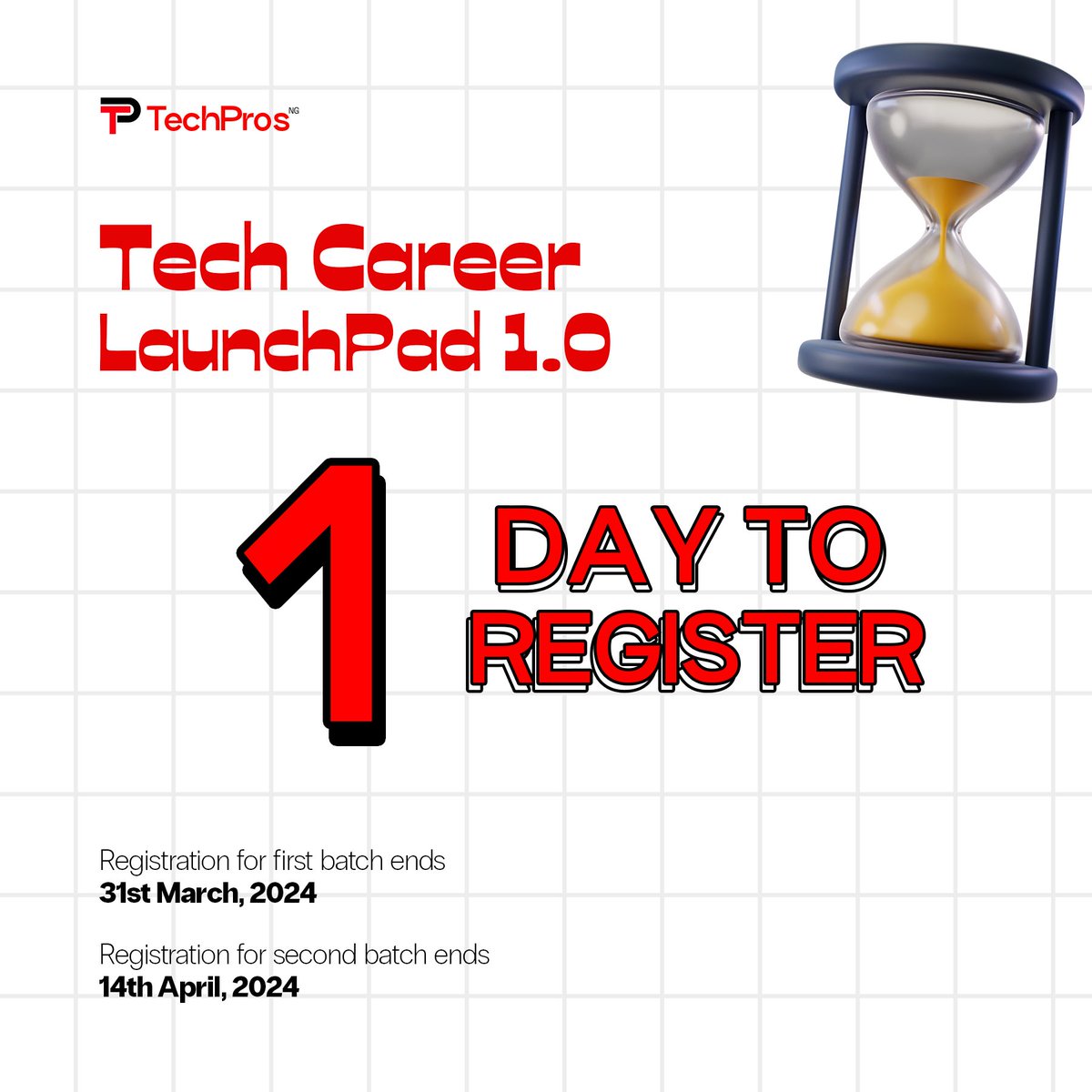 TechProsNaija's tweet photo. "Only one day left to register for the Tech Career Launchpad! Don't let this opportunity pass you by. Secure your spot now at the early bird price of 3000 Naira and embark on your journey to success in the tech industry! #TechCareerLaunchpad #RegisterNow #LastDay https://t.co/61n6xKnzrx