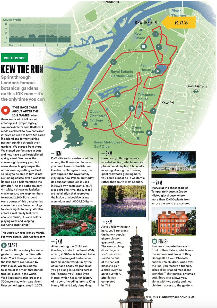 The Kew Gardens 10k course has featured in this months @runnersworlduk . They've done an amazing job! 3 weeks until you will experience it in real life! run-fest.com/kew-the-run/ke…