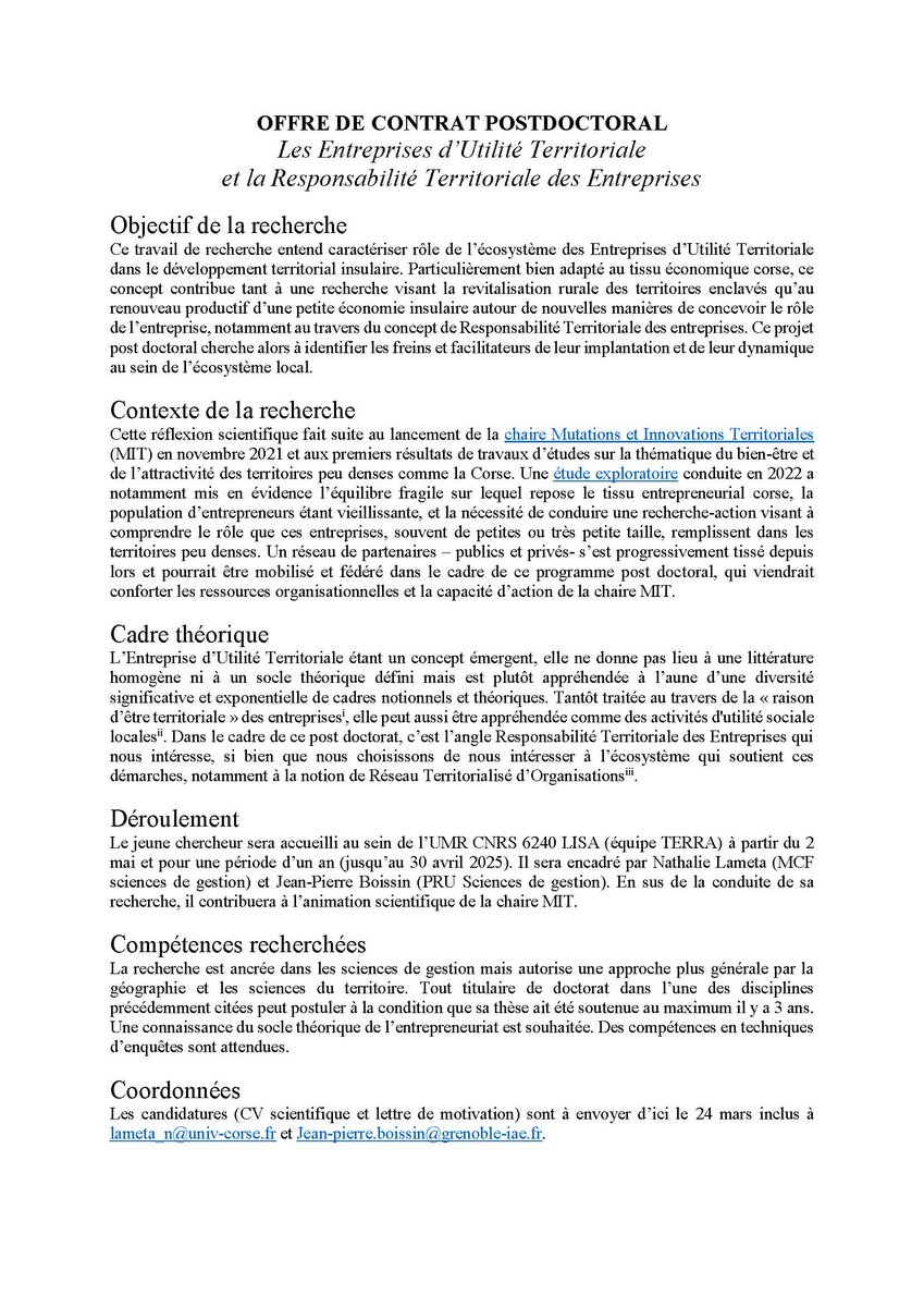 📢Offre de contrat post doc "Les Entreprises d’Utilité Territoriale et la
Responsabilité Territoriale des Entreprises"
📆 Candidater avant le 24 Mars 2024
📧Contact : Nathalie Lameta lameta_n@univ-corse.fr