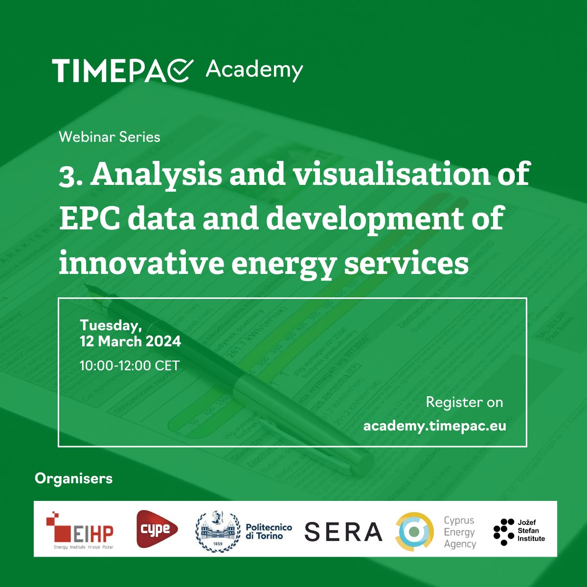 Don't miss out on tomorrow's #TIMEPACacademy webinar on effective #EPC data analysis &amp; visualization techniques to unlock new energy service avenues.🚀

👉Register &amp; level up your #building expertise: 
academy.timepac.eu/en/courses/web… 

#EnergyEfficiency #deeprenovation #renovationwave