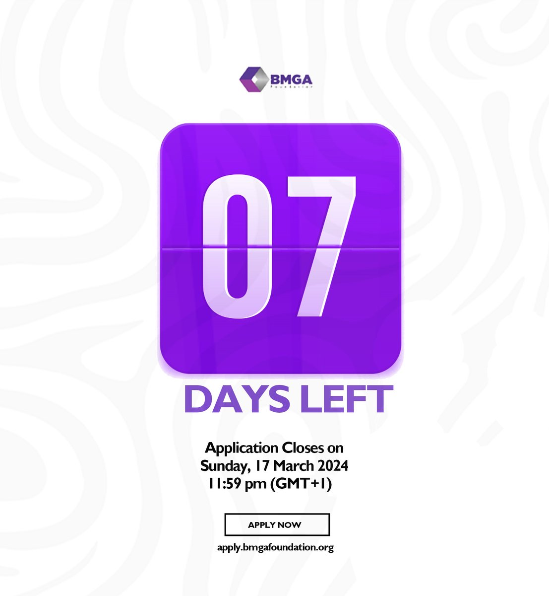 bmgafellows's tweet photo. We are seven (7) days away from drawing the curtains down for the 2024 BMGA Fellows Program application window. Visit https://t.co/C3eyAzQiXj to apply for a slot in the 2024 cohort. #ProfessionalDevelopment #PersonalDevelopment #ScholarshipOpportunities #InspireInclusion https://t.co/n9pN1IwO2f