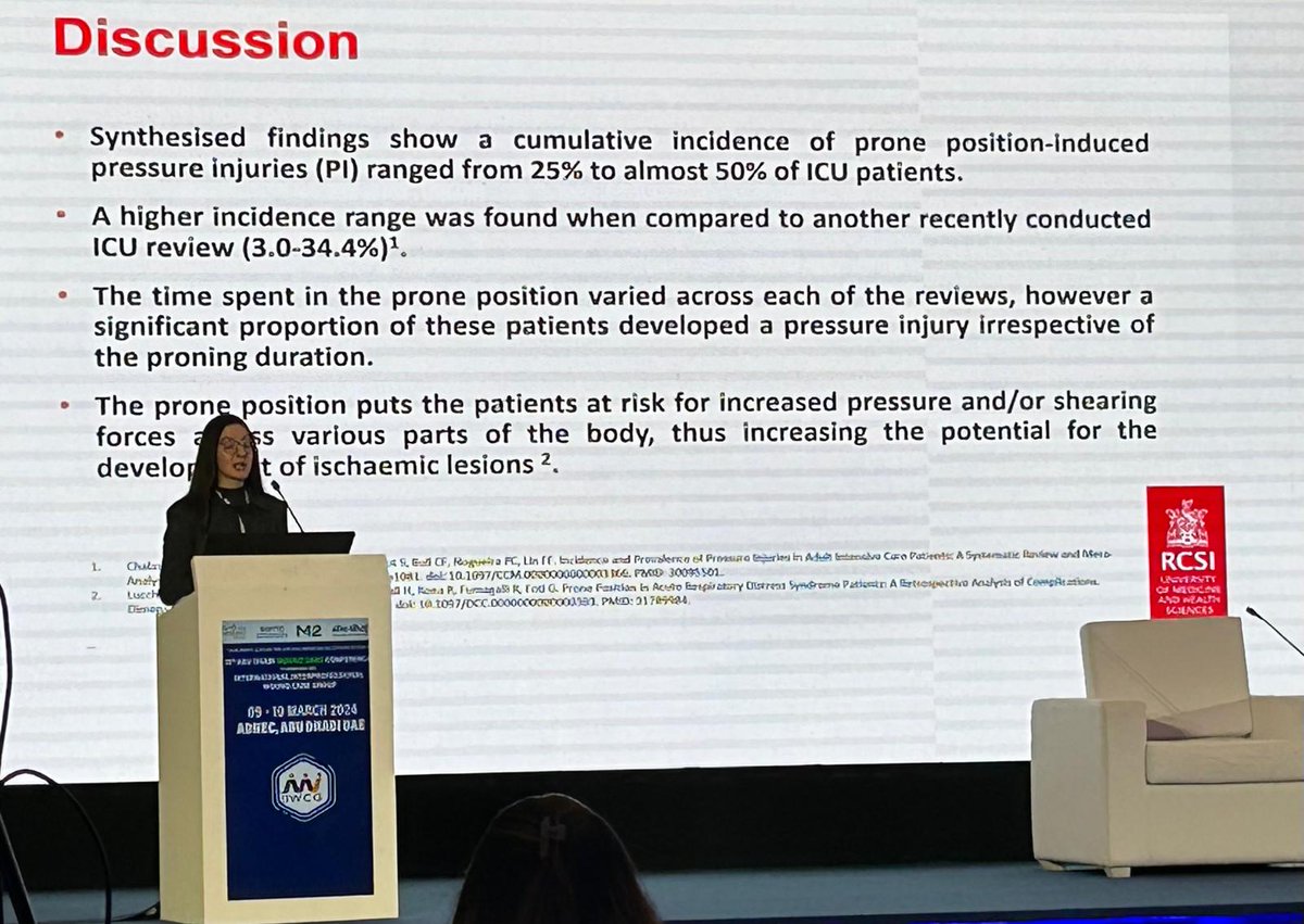 Dr @HannahJEWilson presenting a meta-review on behalf of @RCSI_SWaT @RCSI_Nursing  'The impact of #pronepositioning on the incidence of #pressureinjuries (PI) in adult #ICU patients' 

‼️ Of the 15,979 included participants, the incidence of PI ranged from 26%-49%
@DeclanPatton3