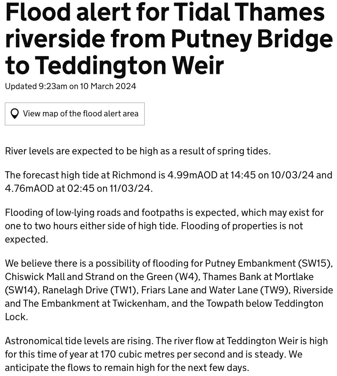 ⚠️ We’ve updated our Flood Alert for the tidal #Thames from Putney-Teddington for high tides this afternoon and tonight

Expected to be higher than yesterday as we head towards the equinox spring tides

With no property flooding expected, the #ThamesBarrier will not operate today