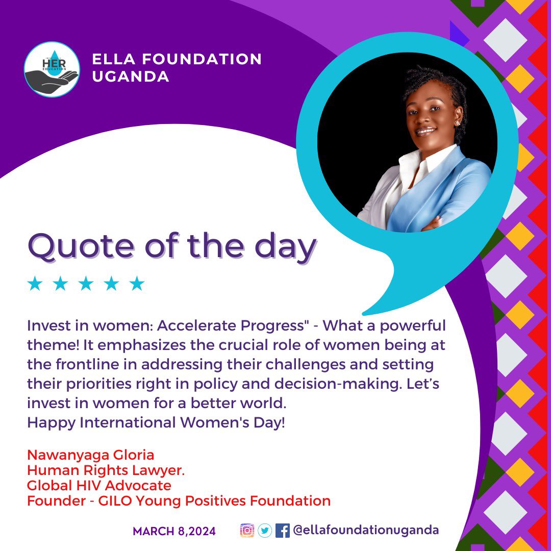 Quote of the day! Investing in women means women being at the frontline in addressing their challenges and setting their priorities right in policy and decision making. Let’s invest in women for a better world. @EllaFoundationU @unicef_aids @gnpplus @Yplus_Global @GILOYoungPos