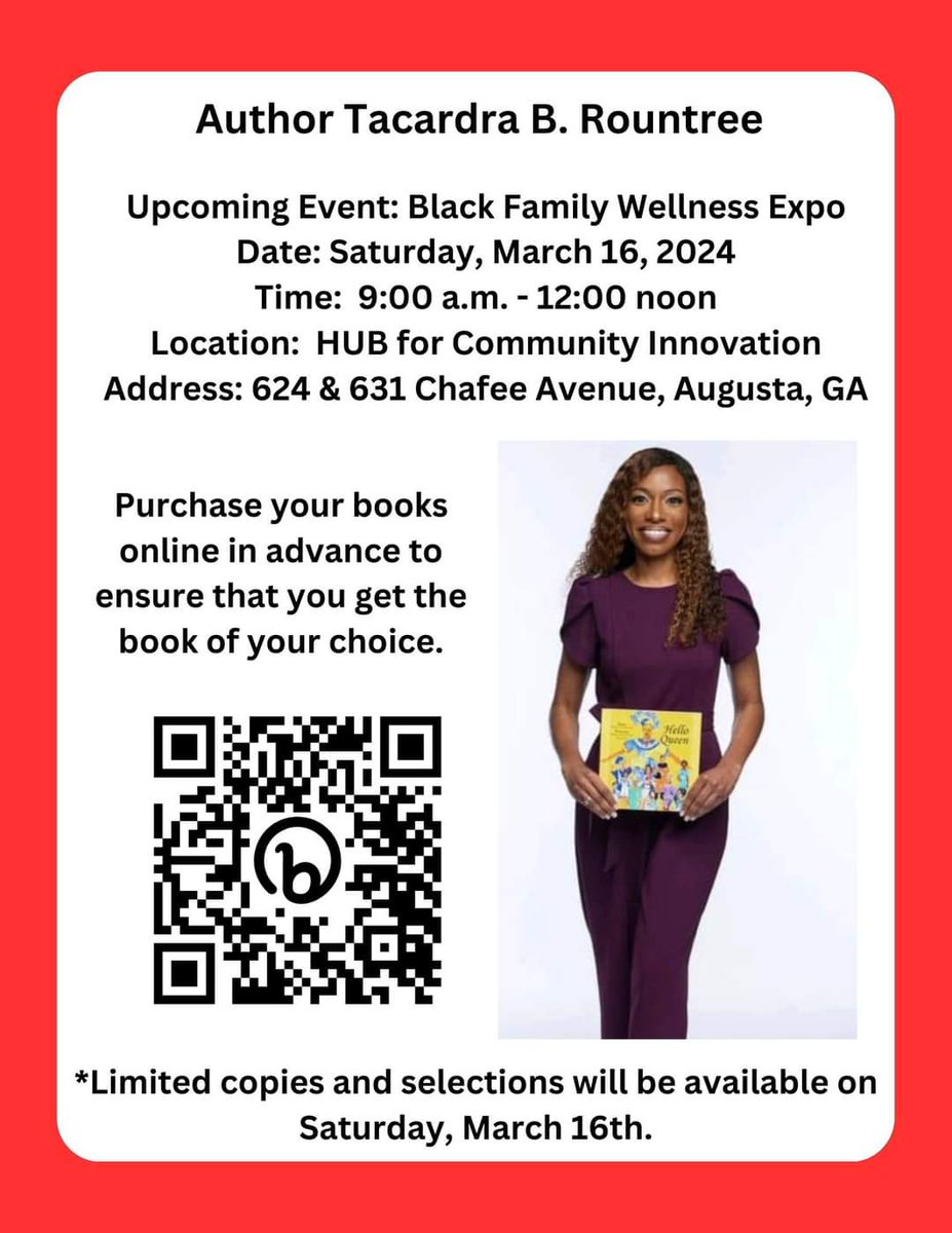 AuthorTRountree's tweet photo. I am looking forward to being a vendor at the Black Family Wellness Expo on Saturday, March 16th in Augusta, GA!! You can purchase your books online in advance. Limited copies and selections will be available in-person. #blackfamilyexp #author #HELLOKING #helloqueen https://t.co/re31oN3PYI