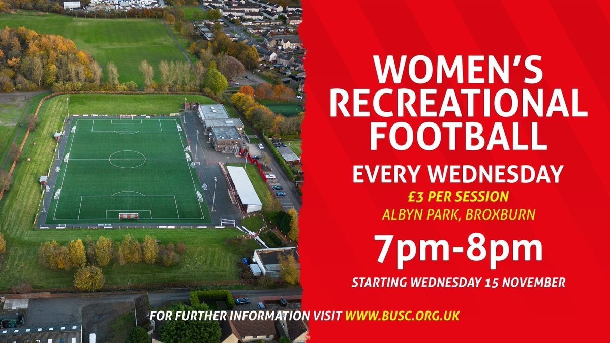 BroxburnUnited's tweet image. ⚽️ 𝐖𝐨𝐦𝐞𝐧’𝐬 𝐑𝐞𝐜𝐫𝐞𝐚𝐭𝐢𝐨𝐧𝐚𝐥 𝐅𝐨𝐨𝐭𝐛𝐚𝐥𝐥 
🏟️ BUSC
🗓️ Every Wednesday 
⏰ 7pm-8pm
💷 £3

Come join us for our women’s only session, and join our group!👇🏻

🖥️ buff.ly/3wFUR9f