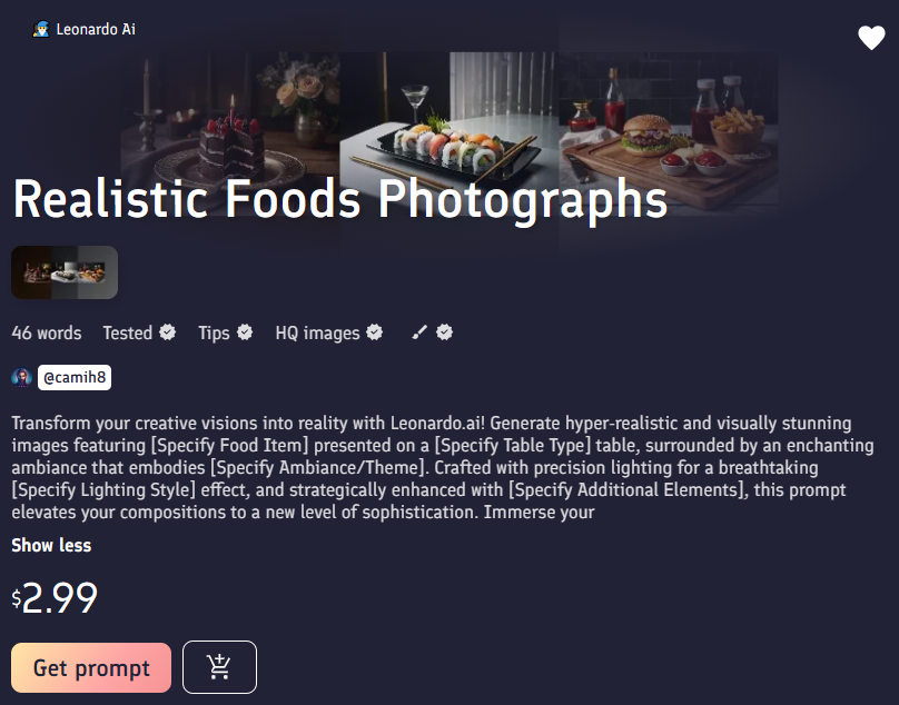 Prompt_Hicham's tweet photo. Craving hyper-realistic #foodphotography? Look no further than https://t.co/iv5aUtQcpK's "Realistic Foods Photographs" prompt on PromptBase! https://t.co/2zjvw0BAS6
#realisticfood #hyperrealistic #foodart #photography https://t.co/aL980hePts