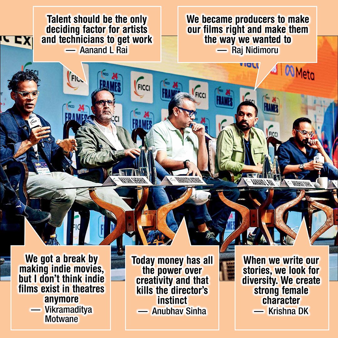 At the @FICCIFRAMES, ﬁlmmakers spoke about the process of producing projects along with directing ﬁlms, commerce dominating art & the need for diversity in cinema @aanandlrai @anubhavsinha @rajndk Read: shorturl.at/fhruC #FICCIFRAMES2024