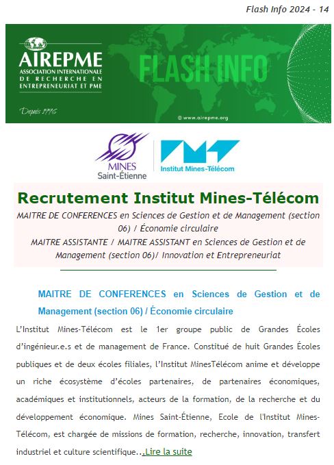 📢[Flash Info 2024-14] Recrutement Institut Mines-Télécom (IMT) MAITRE DE CONFERENCES en Sciences de Gestion et de Management (section 06)/Économie circulaire
📆Date limite de candidature : 10 avril 2024

👉Consulter: lnkd.in/eAeUe-E9
👉Flash Info: lnkd.in/eSj79BM6