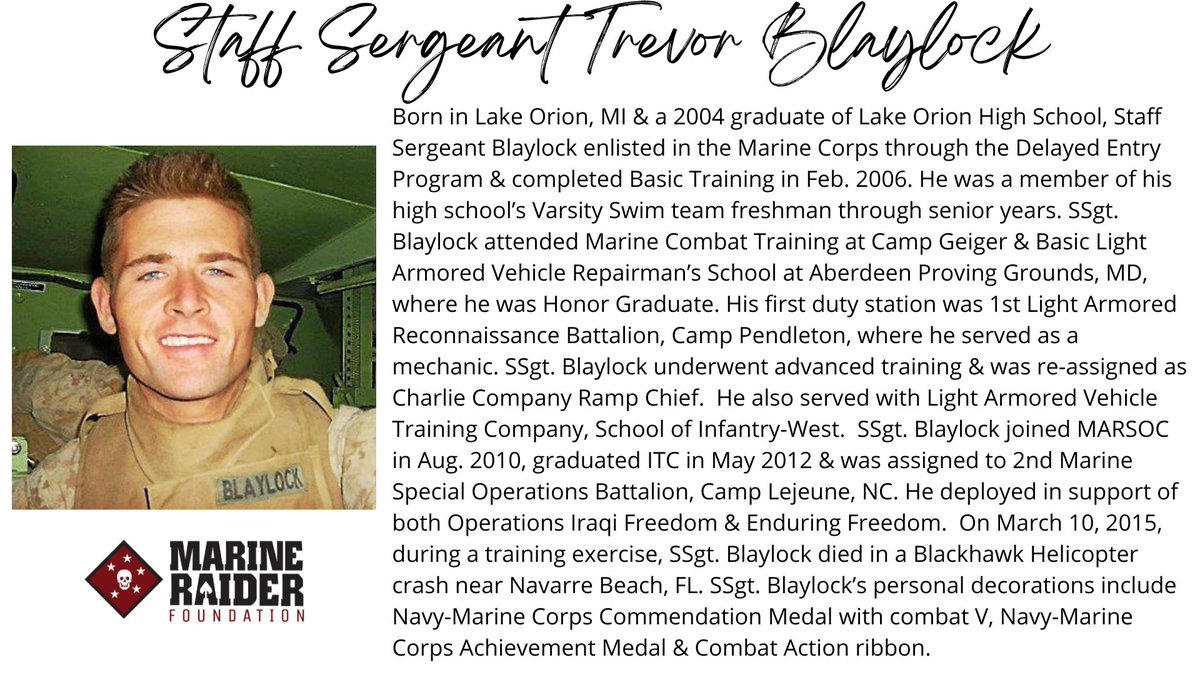 Please join the Marine Raider Foundation as we honor and remember Staff Sergeant Trevor Blaylock. 'For love of country they accepted death, and thus resolved all doubts, and made immortal their patriotism and their virtue.” - President James A. Garfield marineraiderfoundation.org/staff-sergeant…
