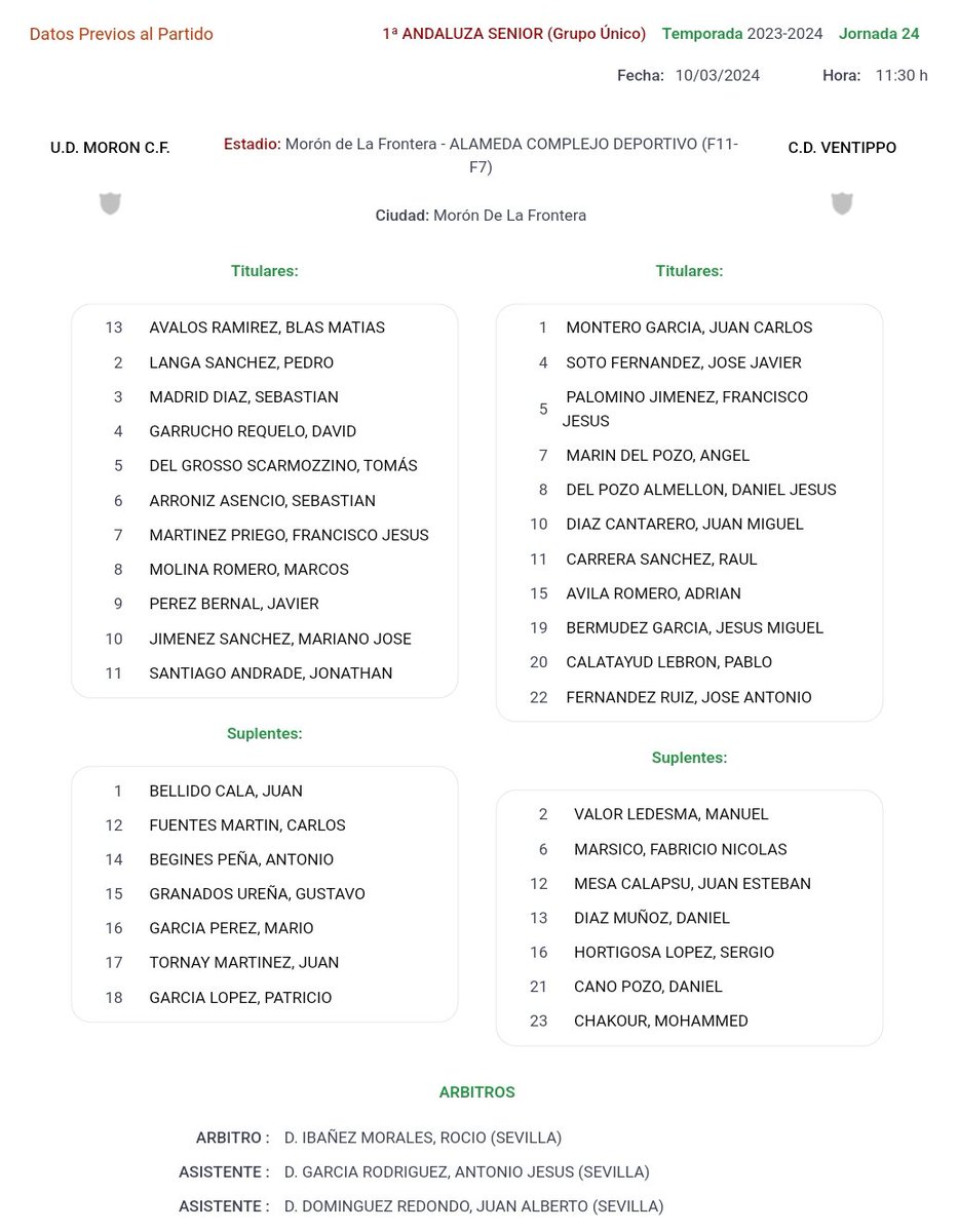 UDMoronCF's tweet photo. ⚽️𝗧𝗘𝗠𝗣𝝝𝗥𝝠𝗗𝝠 𝟮𝟬𝟮𝟯/𝟮𝟬𝟮𝟰
2️⃣4️⃣JORNADA - Senior
1️⃣1️⃣'s Iniciales, suplentes y trío arbitral.
⚽️ #UDMCF 🆚 #CDV
🏆#1ªAndaluzaSENIOR
🙌🏽🇹🇭⚽️ #SumarParaAvanzar
❤️🤍💙#VamosMiMorón https://t.co/XAi53CYH89
