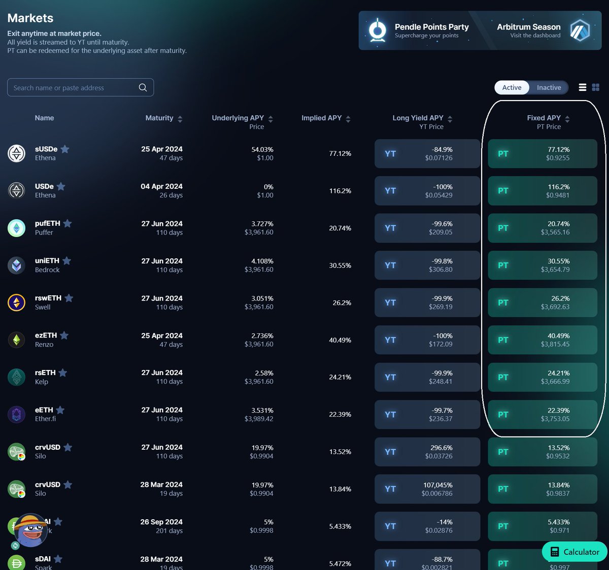 PENDLE

6⃣ในสมัยที่ Arbitrum mainnet เปิดใหม่ ๆ มี DEX ที่ชื่อ ArbiNYaN ซึ่งเป็นโปรเจกต์ ฮา ๆ เรียกกันว่า ฟาร์มซิ่ง เปิดให้เอาคู่เหรียญมาวางรับยิลด์ 

ในวันแรก ๆ apy เป็นพัน เป็นหมื่นเปอร์เซนต์ ซึ่งมันก็เป็นปกติกับทุกเชนที่เปิดใหม่ ที่จะมีฟาร์มซิ่งแบบนี้