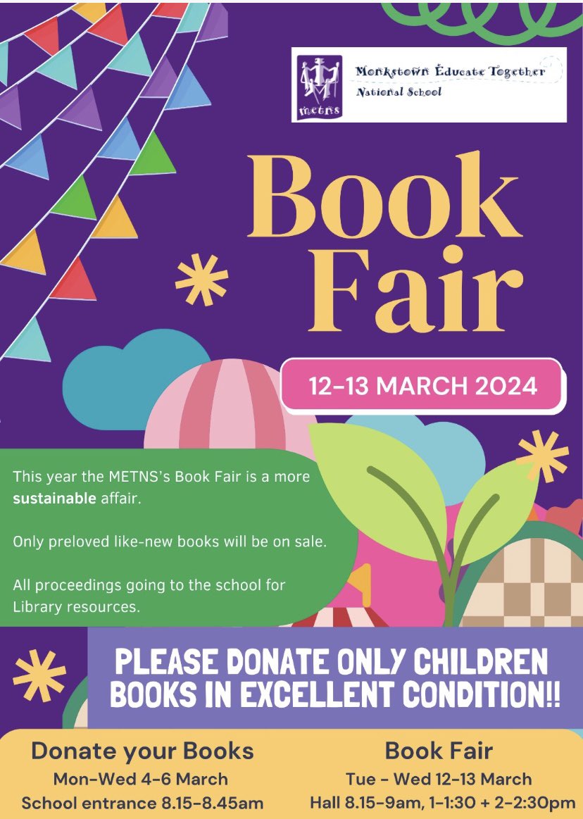 MonkstownETNS's tweet photo. A busy few weeks coming up in METNS! Don’t forget our annual Book Fair is this Tues &amp; Wed (12th &amp; 13th), with Tues the start of a month long METNS Readathon! Our MCA are AMAZING 📚 @EducateTogether #Reading #CommunityCreations https://t.co/UKIdnP32zn