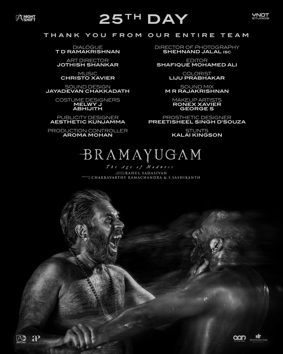 #Bramayugam 25th DAY ! Thank you from our entire team ! #Bramayugam starring @mammukka Written & Directed by @rahul_madking Produced by @chakdyn @sash041075 @allnightshifts @studiosynot @Truthglobalofcl @AanMegaMedia @APIfilms @SureshChandraa @pro_sabari @venupro
